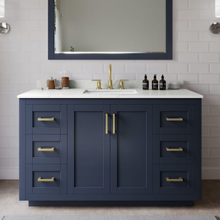 Wyndham Collection Miranda 54" Free Standing Single Basin Vanity Set with Cabinet, Quartz Vanity Top, and Framed Mirror Dark Blue / Giotto Quartz Top / Brushed Gold Hardware