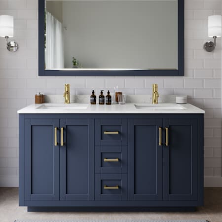 Wyndham Collection Miranda 60" Free Standing Double Basin Vanity Set with Cabinet, Cultured Marble Vanity Top, and Framed Mirror Dark Blue / Carrara Cultured Marble Top / Brushed Gold Hardware