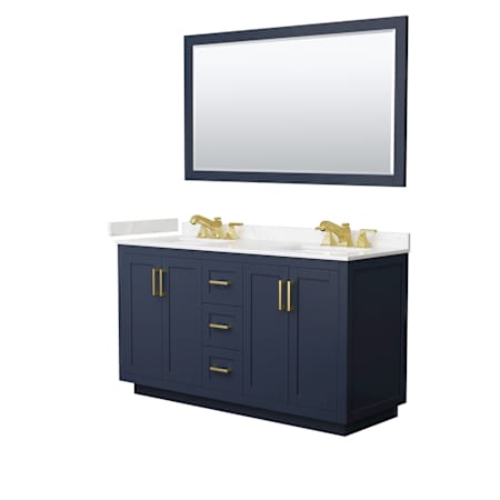 Wyndham Collection Miranda 60" Free Standing Double Basin Vanity Set with Cabinet, Cultured Marble Vanity Top, and Framed Mirror Dark Blue / Carrara Cultured Marble Top / Brushed Gold Hardware