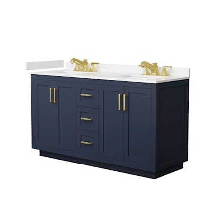 Wyndham Collection Miranda 60" Free Standing Double Basin Vanity Set with Cabinet and Cultured Marble Vanity Top Dark Blue / Carrara Cultured Marble Top / Brushed Gold Hardware