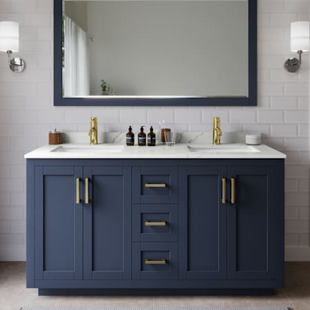 Wyndham Collection Miranda 60" Free Standing Double Basin Vanity Set with Cabinet, Quartz Vanity Top, and Framed Mirror Dark Blue / Giotto Quartz Top / Brushed Gold Hardware