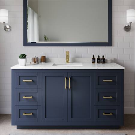 Wyndham Collection Miranda 60" Free Standing Single Basin Vanity Set with Cabinet, Cultured Marble Vanity Top, and Framed Mirror Dark Blue / Carrara Cultured Marble Top / Brushed Gold Hardware