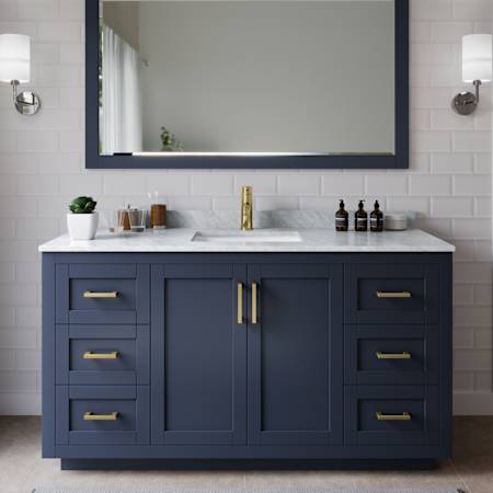 Wyndham Collection Miranda 60" Free Standing Single Basin Vanity Set with Cabinet and Marble Vanity Top Dark Blue / White Carrara Marble Top / Brushed Gold Hardware