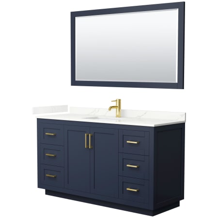 Wyndham Collection Miranda 60" Free Standing Single Basin Vanity Set with Cabinet, Quartz Vanity Top, and Framed Mirror Dark Blue / Giotto Quartz Top / Brushed Gold Hardware