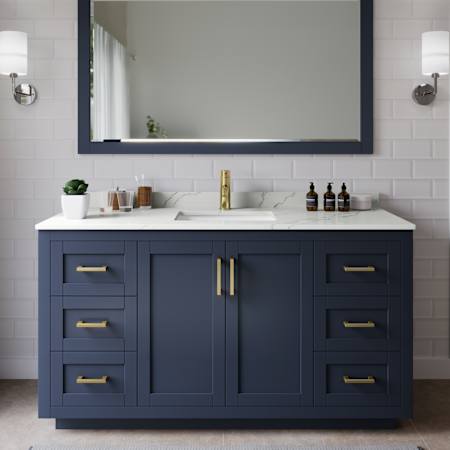 Wyndham Collection Miranda 60" Free Standing Single Basin Vanity Set with Cabinet and Quartz Vanity Top Dark Blue / Giotto Quartz Top / Brushed Gold Hardware