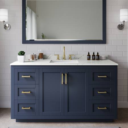 Wyndham Collection Miranda 60" Free Standing Single Basin Vanity Set with Cabinet, Quartz Vanity Top, and Framed Mirror Dark Blue / Giotto Quartz Top / Brushed Gold Hardware