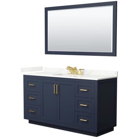 Wyndham Collection Miranda 60" Free Standing Single Basin Vanity Set with Cabinet, Quartz Vanity Top, and Framed Mirror Dark Blue / Giotto Quartz Top / Brushed Gold Hardware