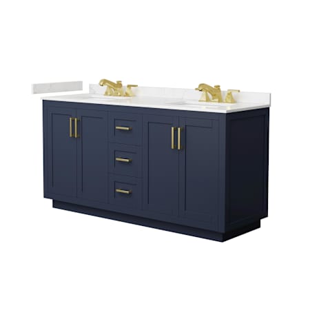 Wyndham Collection Miranda 66" Free Standing Double Basin Vanity Set with Cabinet and Cultured Marble Vanity Top Dark Blue / Carrara Cultured Marble Top / Brushed Gold Hardware