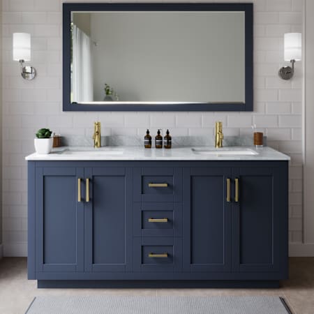 Wyndham Collection Miranda 66" Free Standing Double Basin Vanity Set with Cabinet and Marble Vanity Top Dark Blue / White Carrara Marble Top / Brushed Gold Hardware