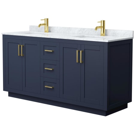 Wyndham Collection Miranda 66" Free Standing Double Basin Vanity Set with Cabinet and Marble Vanity Top Dark Blue / White Carrara Marble Top / Brushed Gold Hardware