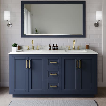 Wyndham Collection Miranda 66" Free Standing Double Basin Vanity Set with Cabinet, Quartz Vanity Top, and Framed Mirror Dark Blue / Giotto Quartz Top / Brushed Gold Hardware