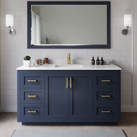 Wyndham Collection Miranda 66" Free Standing Single Basin Vanity Set with Cabinet and Cultured Marble Vanity Top Dark Blue / Carrara Cultured Marble Top / Brushed Gold Hardware