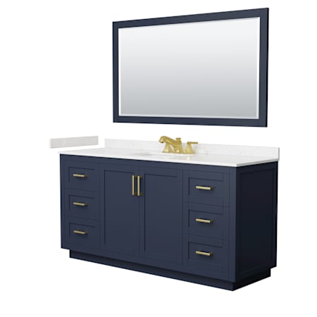 Wyndham Collection Miranda 66" Free Standing Single Basin Vanity Set with Cabinet, Cultured Marble Vanity Top, and Framed Mirror Dark Blue / Carrara Cultured Marble Top / Brushed Gold Hardware