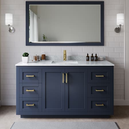 Wyndham Collection Miranda 66" Free Standing Single Basin Vanity Set with Cabinet, Marble Vanity Top, and Framed Mirror Dark Blue / White Carrara Marble Top / Brushed Gold Hardware
