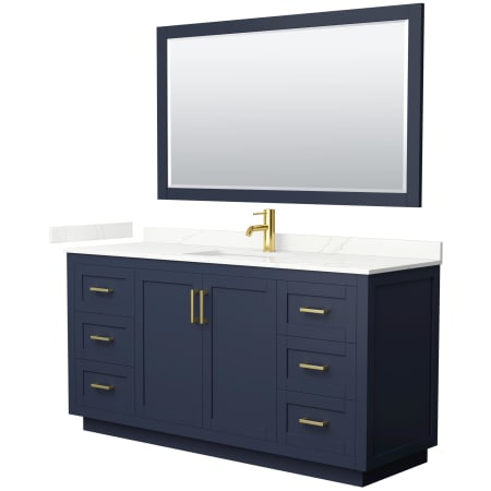 Wyndham Collection Miranda 66" Free Standing Single Basin Vanity Set with Cabinet, Quartz Vanity Top, and Framed Mirror Dark Blue / Giotto Quartz Top / Brushed Gold Hardware
