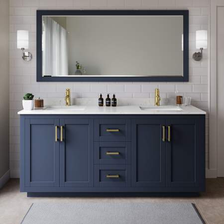 Wyndham Collection Miranda 72" Free Standing Double Basin Vanity Set with Cabinet, Cultured Marble Vanity Top, and Framed Mirror Dark Blue / Carrara Cultured Marble Top / Brushed Gold Hardware
