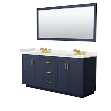 Wyndham Collection Miranda 72" Free Standing Double Basin Vanity Set with Cabinet, Cultured Marble Vanity Top, and Framed Mirror Dark Blue / Carrara Cultured Marble Top / Brushed Gold Hardware