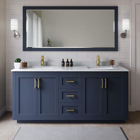 Wyndham Collection Miranda 72" Free Standing Double Basin Vanity Set with Cabinet, Marble Vanity Top, and Framed Mirror Dark Blue / White Carrara Marble Top / Brushed Gold Hardware