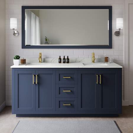 Wyndham Collection Miranda 72" Free Standing Double Basin Vanity Set with Cabinet, Quartz Vanity Top, and Framed Mirror Dark Blue / Giotto Quartz Top / Brushed Gold Hardware