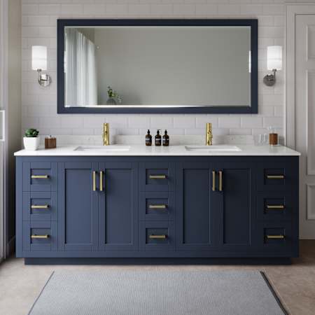 Wyndham Collection Miranda 84" Free Standing Double Basin Vanity Set with Cabinet, Cultured Marble Vanity Top, and Framed Mirror Dark Blue / Carrara Cultured Marble Top / Brushed Gold Hardware