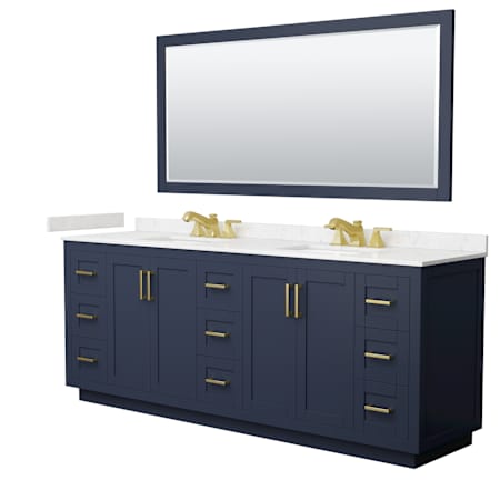 Wyndham Collection Miranda 84" Free Standing Double Basin Vanity Set with Cabinet, Cultured Marble Vanity Top, and Framed Mirror Dark Blue / Carrara Cultured Marble Top / Brushed Gold Hardware