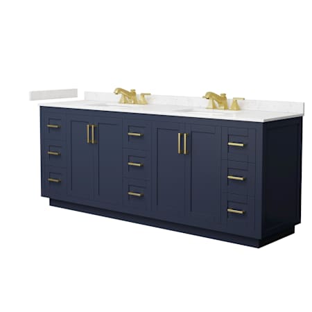 Wyndham Collection Miranda 84" Free Standing Double Basin Vanity Set with Cabinet and Cultured Marble Vanity Top Dark Blue / Carrara Cultured Marble Top / Brushed Gold Hardware