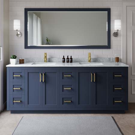 Wyndham Collection Miranda 84" Free Standing Double Basin Vanity Set with Cabinet, Marble Vanity Top, and Framed Mirror Dark Blue / White Carrara Marble Top / Brushed Gold Hardware