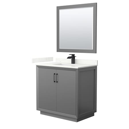 Wyndham Collection Strada 36" Free Standing Single Basin Vanity Set with Cabinet, Quartz Vanity Top, and Framed Mirror Dark Gray / Giotto Quartz Top / Matte Black Hardware