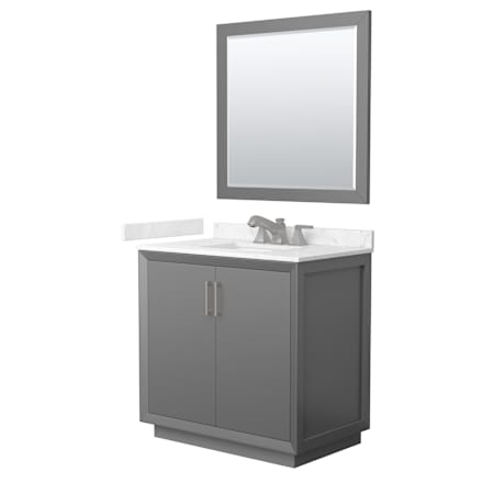 Wyndham Collection Strada 36" Free Standing Single Basin Vanity Set with Cabinet, Cultured Marble Vanity Top, and Framed Mirror Dark Gray / Carrara Cultured Marble Top / Brushed Nickel Hardware