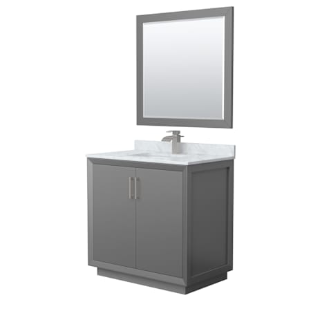 Wyndham Collection Strada 36" Free Standing Single Basin Vanity Set with Cabinet, Marble Vanity Top, and Framed Mirror Dark Gray / Brushed Nickel Hardware