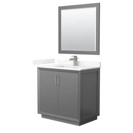 Wyndham Collection Strada 36" Free Standing Single Basin Vanity Set with Cabinet, Quartz Vanity Top, and Framed Mirror Dark Gray / Giotto Quartz Top / Brushed Nickel Hardware
