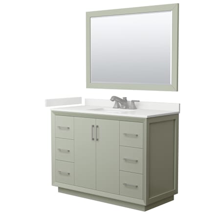 Wyndham Collection Strada 48" Free Standing Single Basin Vanity Set with Cabinet, Quartz Vanity Top, and Framed Mirror Light Green / White Quartz Top / Brushed Nickel Hardware