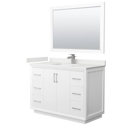 Wyndham Collection Strada 48" Free Standing Single Basin Vanity Set with Cabinet, Quartz Vanity Top, and Framed Mirror White / White Quartz Top / Brushed Nickel Hardware