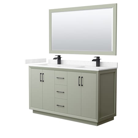 Wyndham Collection Strada 60" Free Standing Double Basin Vanity Set with Cabinet, Cultured Marble Vanity Top, and Framed Mirror Light Green / Carrara Cultured Marble Top / Matte Black Hardware