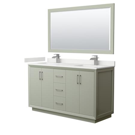 Wyndham Collection Strada 60" Free Standing Double Basin Vanity Set with Cabinet, Quartz Vanity Top, and Framed Mirror Light Green / White Quartz Top / Brushed Nickel Hardware