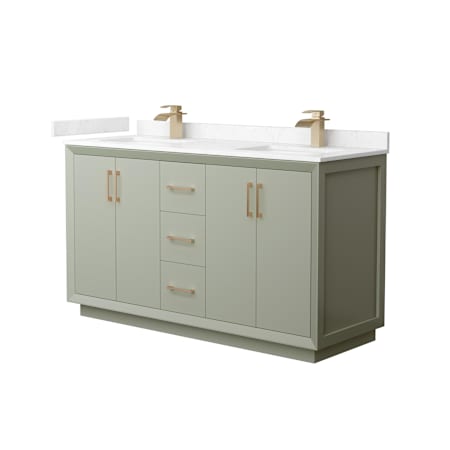 Wyndham Collection Strada 60" Free Standing Double Basin Vanity Set with Cabinet and Cultured Marble Vanity Top Light Green / Carrara Cultured Marble Top / Satin Bronze Hardware