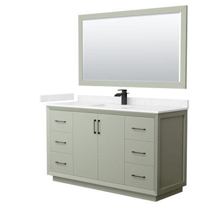 Wyndham Collection Strada 60" Free Standing Single Basin Vanity Set with Cabinet, Cultured Marble Vanity Top, and Framed Mirror Light Green / Carrara Cultured Marble Top / Matte Black Hardware