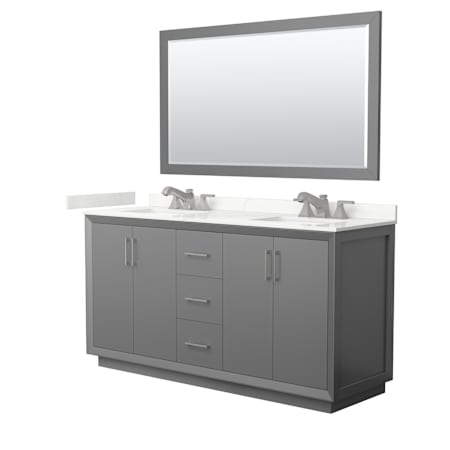 Wyndham Collection Strada 66" Free Standing Double Basin Vanity Set with Cabinet, Quartz Vanity Top, and Framed Mirror Dark Gray / Giotto Quartz Top / Brushed Nickel Hardware