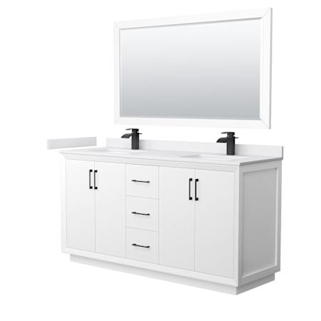 Wyndham Collection Strada 66" Free Standing Double Basin Vanity Set with Cabinet, Cultured Marble Vanity Top, and Framed Mirror White / White Cultured Marble Top / Matte Black Hardware