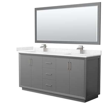 Wyndham Collection Strada 72" Free Standing Double Basin Vanity Set with Cabinet, Cultured Marble Vanity Top, and Framed Mirror Dark Gray / Carrara Cultured Marble Top / Brushed Nickel Hardware
