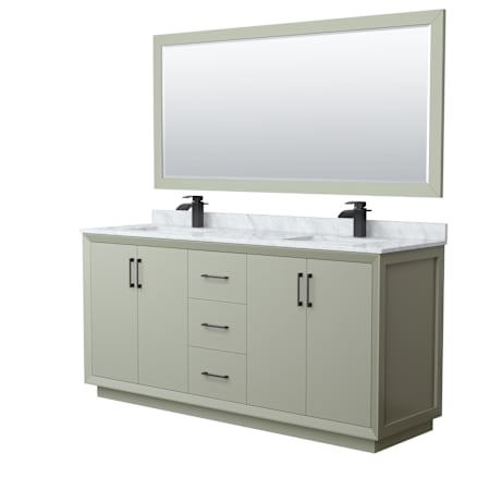 Wyndham Collection Strada 72" Free Standing Double Basin Vanity Set with Cabinet, Marble Vanity Top, and Framed Mirror Light Green / Matte Black Hardware