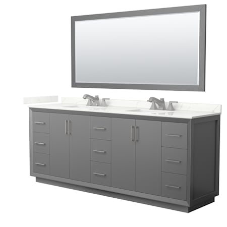 Wyndham Collection Strada 84" Free Standing Double Basin Vanity Set with Cabinet, Quartz Vanity Top, and Framed Mirror Dark Gray / Giotto Quartz Top / Brushed Nickel Hardware
