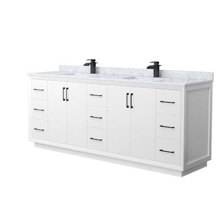 Wyndham Collection Strada 84" Free Standing Double Basin Vanity Set with Cabinet and Marble Vanity Top White / Matte Black Hardware