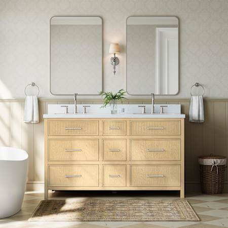 Wyndham Collection Isola 60" Free Standing Double Basin Vanity Set with Cabinet and Quartz Vanity Top Scandinavian Oak / Giotto Quartz Top / Brushed Nickel Hardware