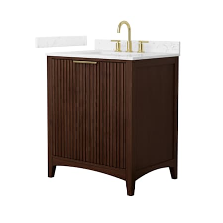 Wyndham Collection Palmilla 30" Free Standing Single Basin Vanity Set with Cabinet and Cultured Marble Vanity Top Dark Walnut / Carrara Cultured Marble Top / Brushed Gold Hardware