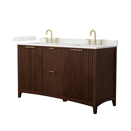 Wyndham Collection Palmilla 60" Free Standing Double Basin Vanity Set with Cabinet and Quartz Vanity Top Dark Walnut / Giotto Quartz Top / Brushed Gold Hardware