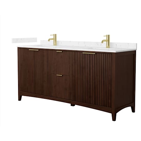 Wyndham Collection Palmilla 72" Free Standing Double Basin Vanity Set with Cabinet and Cultured Marble Vanity Top Dark Walnut / Carrara Cultured Marble Top / Brushed Gold Hardware