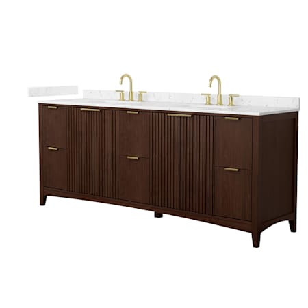 Wyndham Collection Palmilla 84" Free Standing Double Basin Vanity Set with Cabinet and Cultured Marble Vanity Top Dark Walnut / Carrara Cultured Marble Top / Brushed Gold Hardware