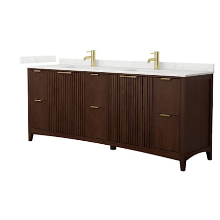 Wyndham Collection Palmilla 84" Free Standing Double Basin Vanity Set with Cabinet and Quartz Vanity Top Dark Walnut / Giotto Quartz Top / Brushed Gold Hardware
