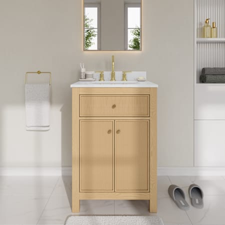 Wyndham Collection Pendry 24" Free Standing Single Basin Vanity Set with Cabinet and Cultured Marble Vanity Top Tanned Oak / Carrara Cultured Marble Top / Brushed Gold Hardware